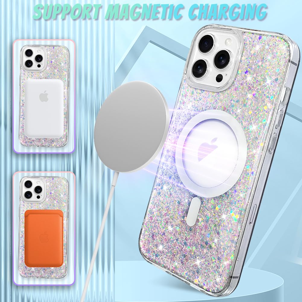 Bonoma For Iphone 12 Case, Sparkly Glitter Bling Back, Magnetic Support For Magsafe Shockproof Case, Crystal And Clear High Duty