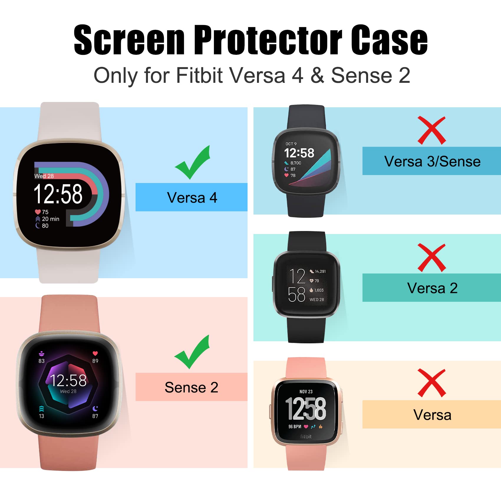 Kpyja 10-Pack Tempered Glass Screen Protector With Hard Pc Case Compatible With Fitbit Versa 4/Sense 2, All-Around Protective Sc