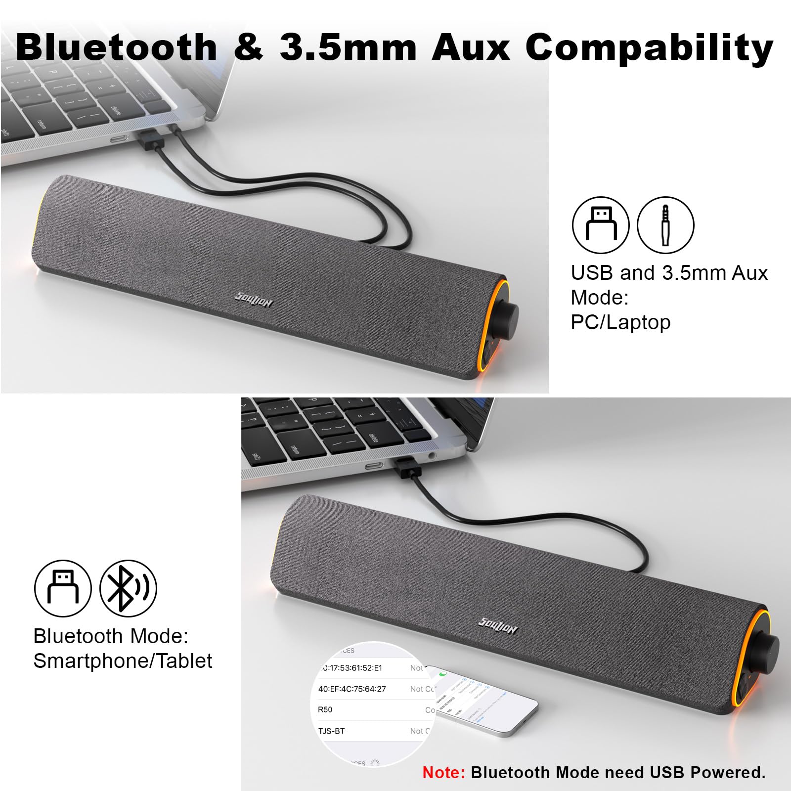 SOULION R50 Bluetooth Computer Speakers, Wired USB Powered Soundbar with Colorful LED Lights, Dark Gray