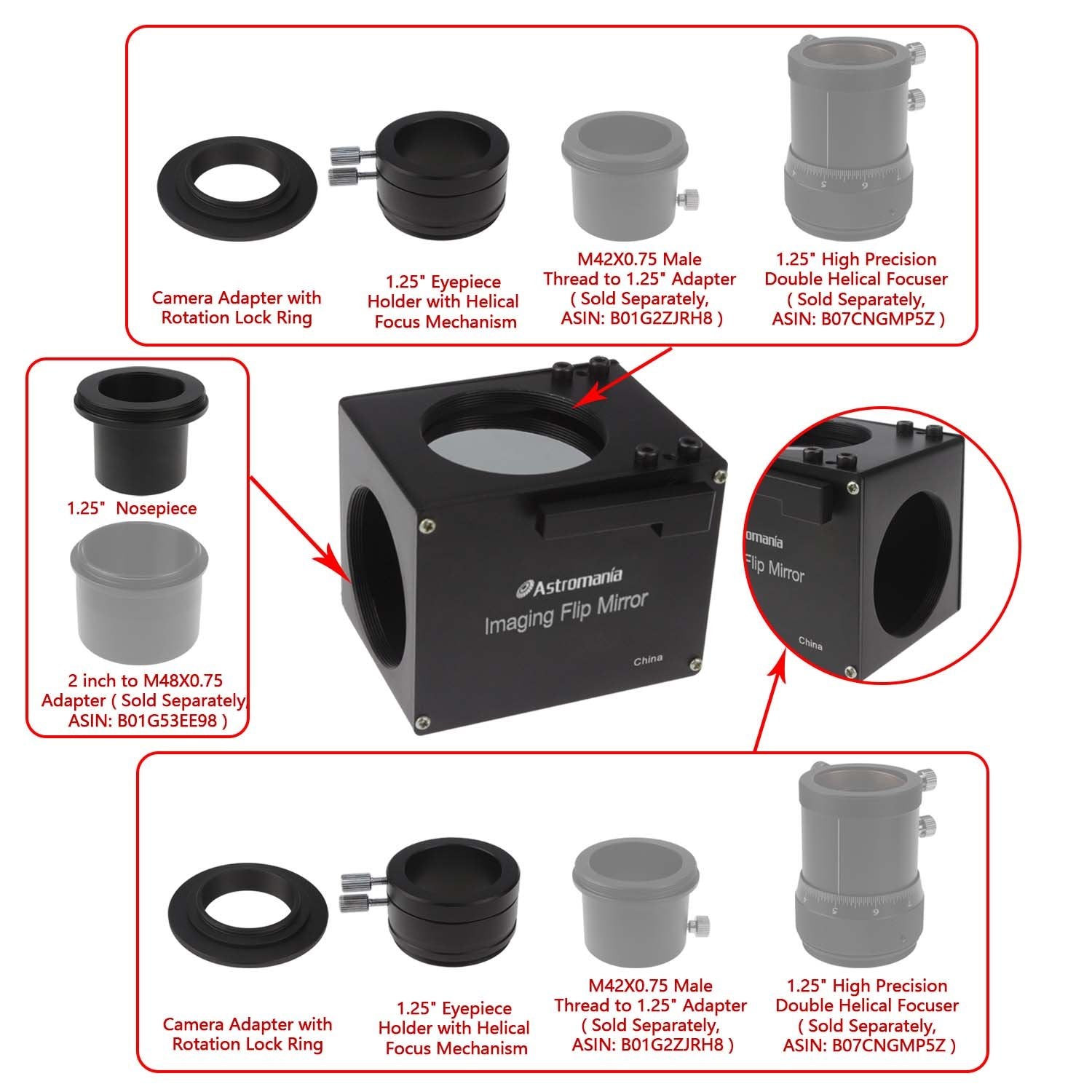 Astromania 1.25'' Astrophotography Flip Mirror   The Flip Mirror For Precise Focusing