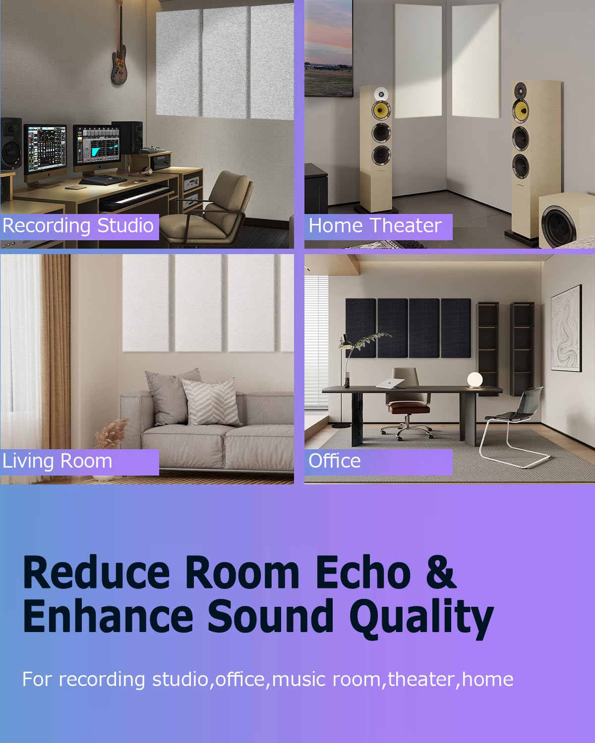 Bubos 4 Pcs Acoustic Panels,24''X12'' Fabric Soundproof Wall Panels,Self Adhesive Sound Absorbing Panels For Studios, Office, Ho