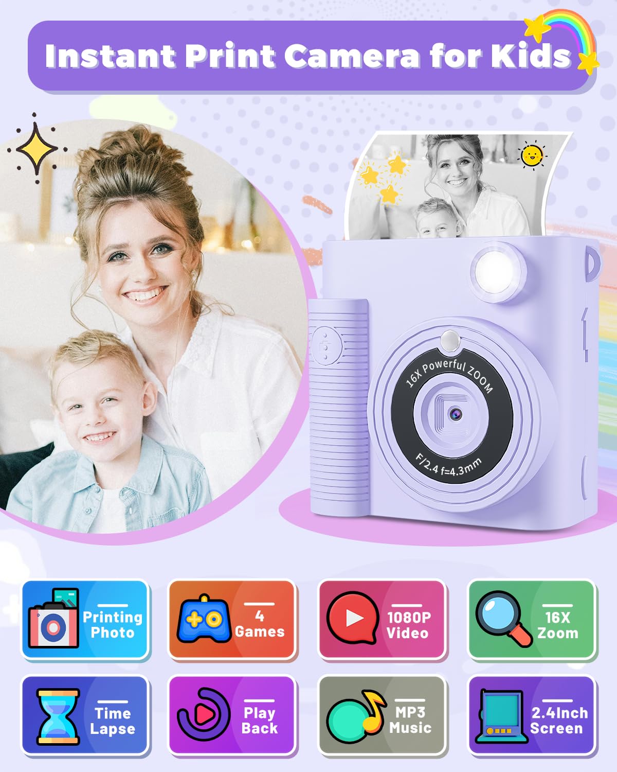 Fkateen Kids Camera Instant Print, Christmas Birthday Gifts Girls Boys Aged 3 12, Hd Digital Video Cameras Toddler, Instant Came