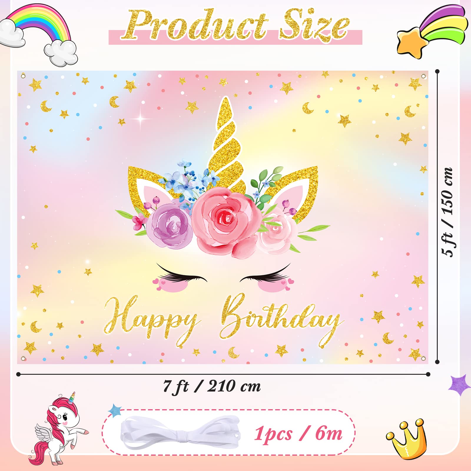 Newwiee Unicorn Backdrop, 7X5Ft Pink & Gold, Birthday Party Decorations, Photo Studio Props, Watercolor Floral, Includes 1 Backd