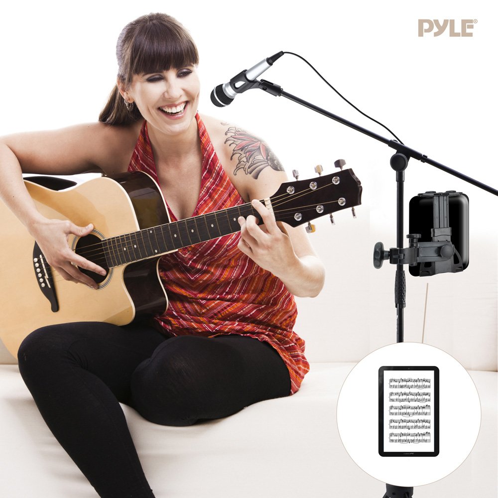 Pyle 2 In 1 Microphone And Tablet Stand   Adjustable Telescopic Column, 4.7    To 8.7    Tall, Powder Coated Black Finish, Unive