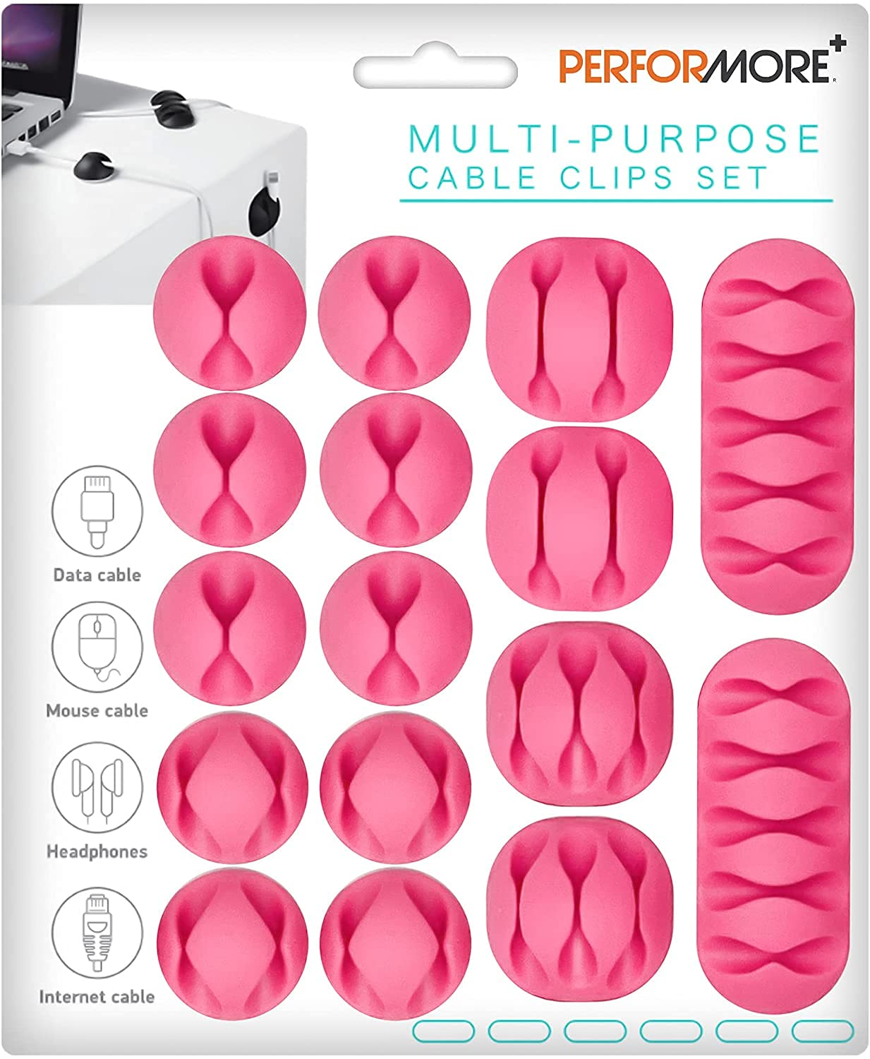 Performore 16 Pack Of Cable Clips Cord Organizer, Pink Self Adhesive Cord Holders For Cable Management, Multipurpose Wire Charge