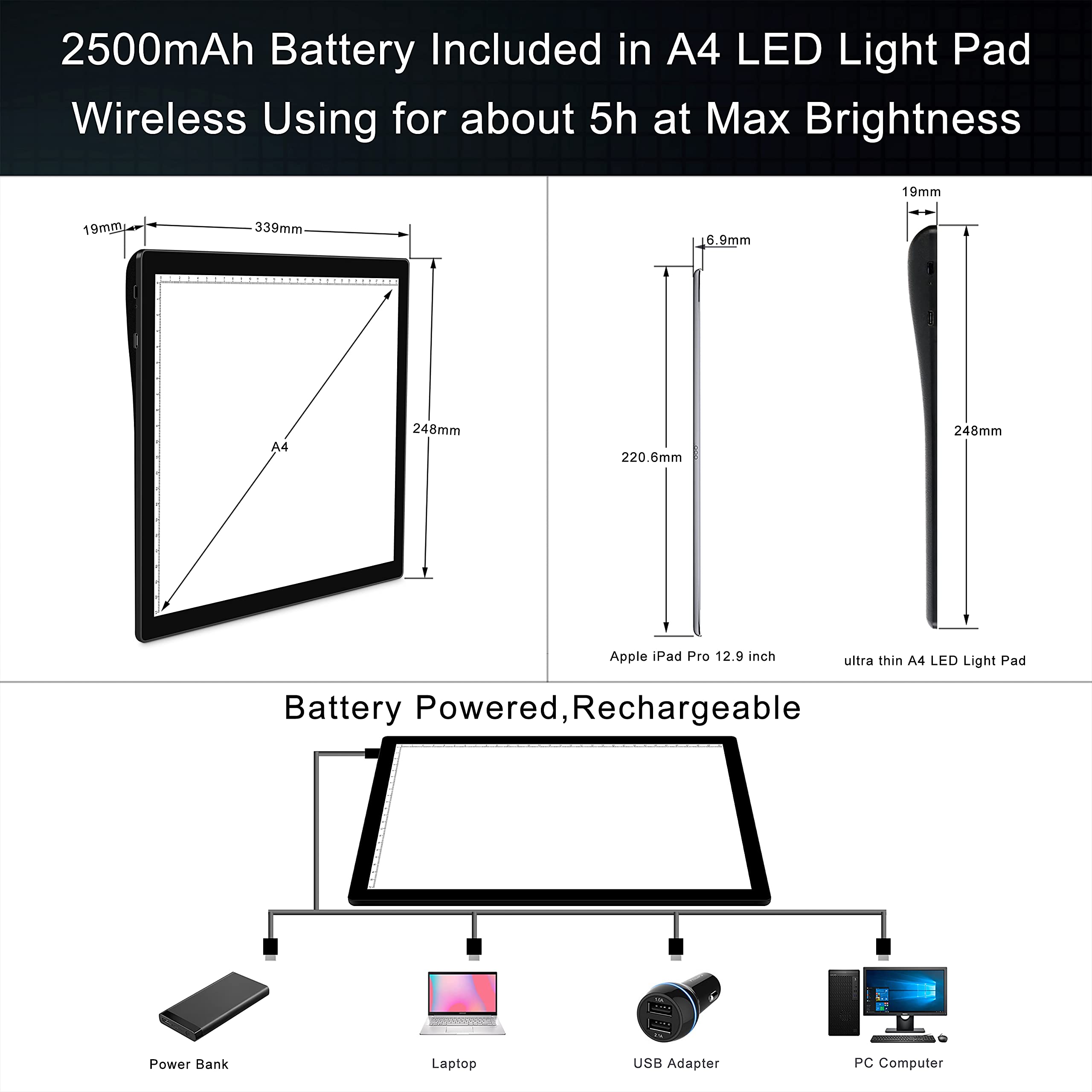 A4 Wireless Battery Powered Light Pad With Case, Toheto Tracing Light Box Dimmable Brightness Rechargeable Led Light Board Porta