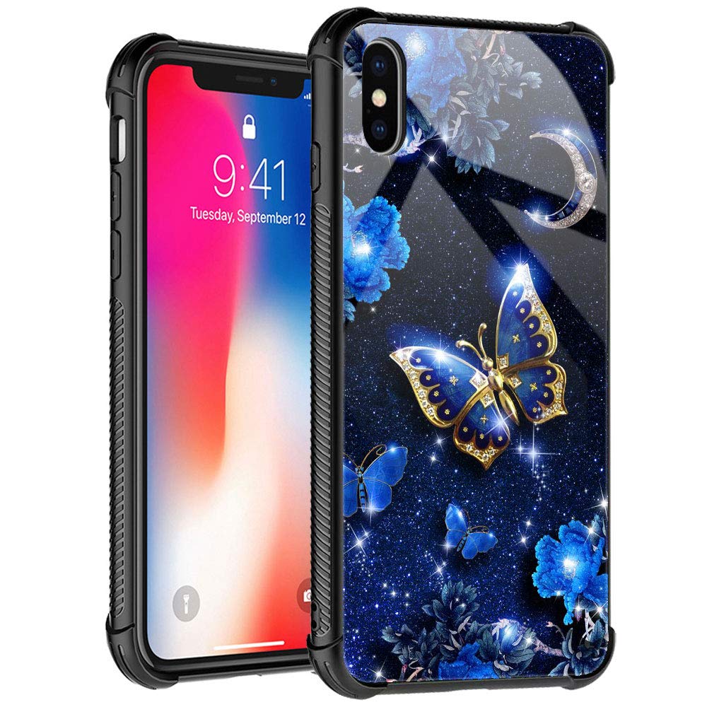 Tnxee Case Compatible With Iphone Xs Case, Blue Sky Flower Moon Butterfly Case For Iphone X Cases For Girls Women Pattern Design