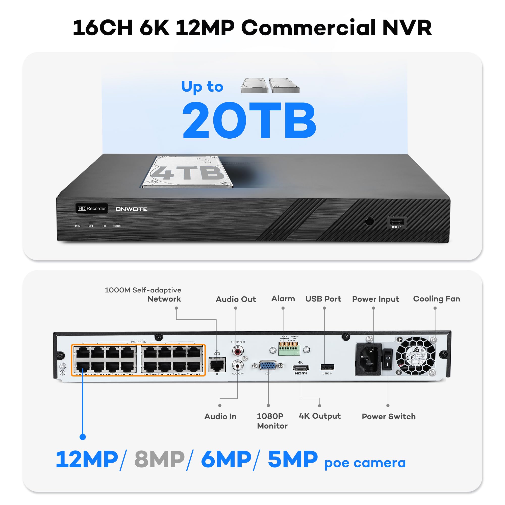 Onwote Nvr Poe Security Camera System 4K, 16 Channel 12Mp Commercial Nvr 4Tb, 8X 8Mp Wired Outdoor Ip Cameras, 134� Fov, Ai Detection, 24/7 Video Audio Recording, Cctv Surveillance For Home Business