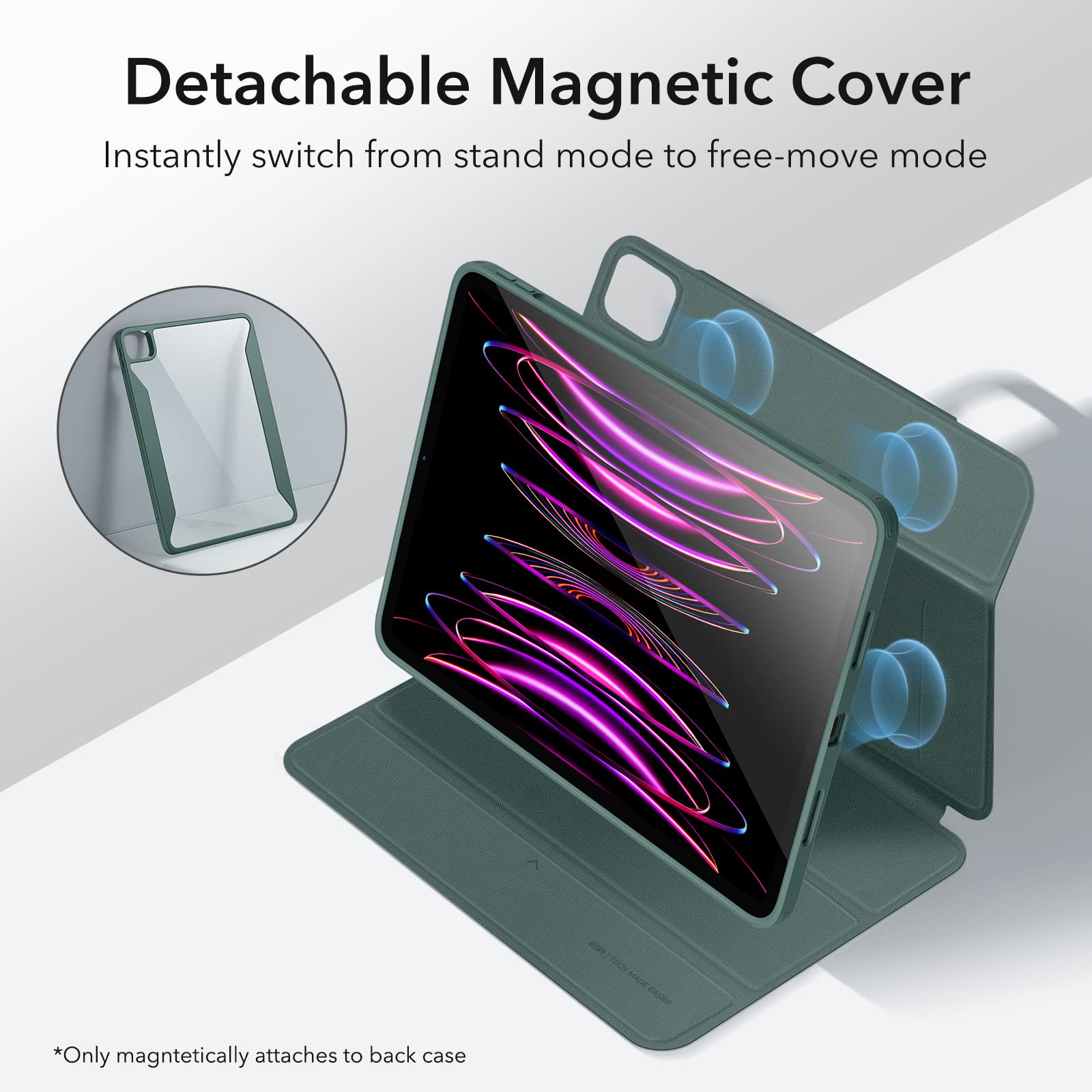 Esr For Ipad Pro 12.9 Inch Case (2022/2021), Ipad Pro 12.9 Case 6Th/5Th Generation With Pencil Holder, Detachable Magnetic Cover, Vertical Stand, Auto Wake/Sleep, Rebound 360 Series, Forest Green