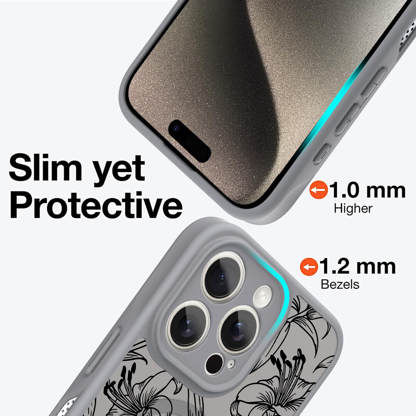 Ook Magnetic For Iphone 15 Pro Max Case Grey Flower Lily Pattern [Compatible With Magsafe] Slim Translucent Matte Camera Lens Pr