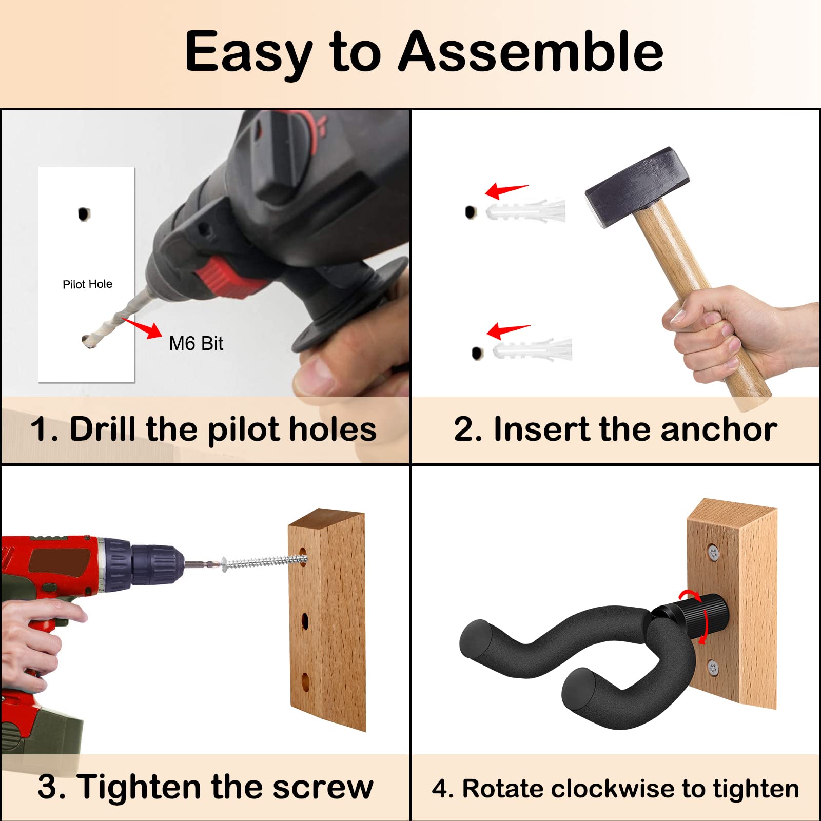 Dommi Guitar Wall Mount 4 Pack, Guitar Holder With Rotatable Soft Guitar Hook For All Size Guitars, Hardwood U Shaped Guitar Han