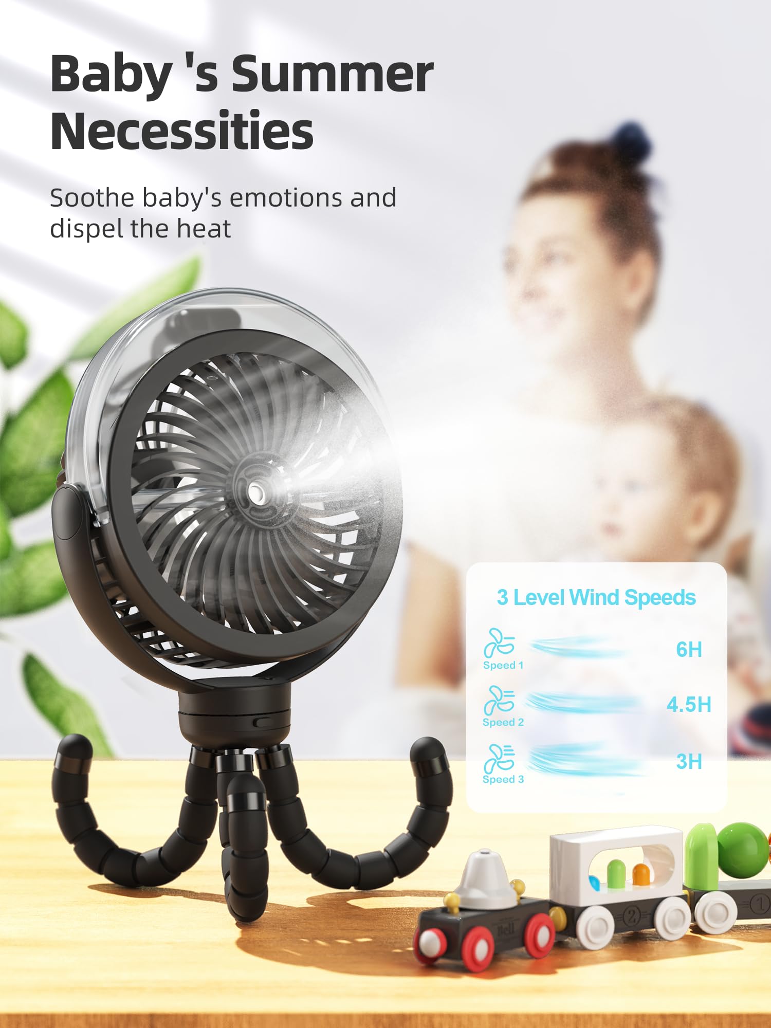 Misting Stroller Fan, 6000Mah Battery Operated Portable Fan With Light & 360 Pivoting, Personal Fan With Flexible Tripod For Bab