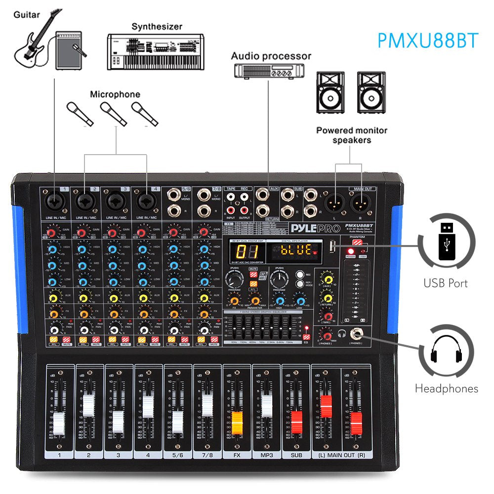 Pyle 8-Channel Bluetooth Studio Audio Mixer- Dj Sound Controller Interface W/ Usb Drive For Pc Recording Input, Xlr Microphone J