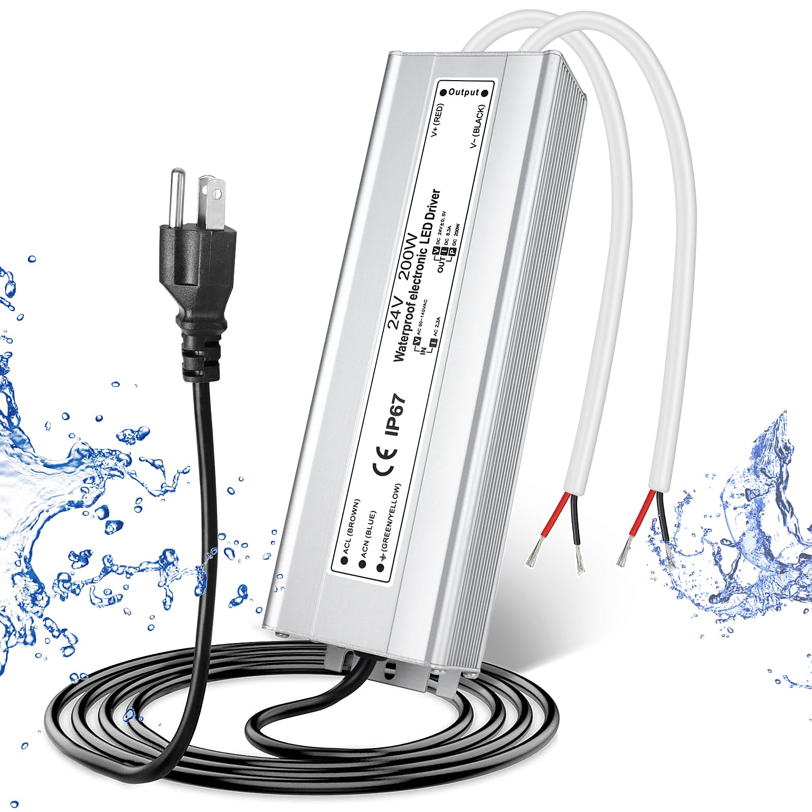 24V 200W Led Power Supply, Waterproof Ip67 Led Driver, Ac 110V To Dc 24 Volt Low Voltage Transformer With 3 Prong Plug 3.3 Feet