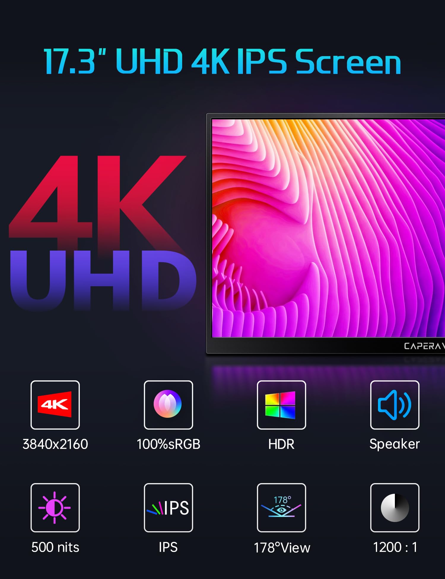 Caperave 17.3'' Portable Monitor 4K, 500 Nits 3840 * 2160P 100% Adobe Rgb Travel Monitor With Bulit In Kickstand & Speakers, Por