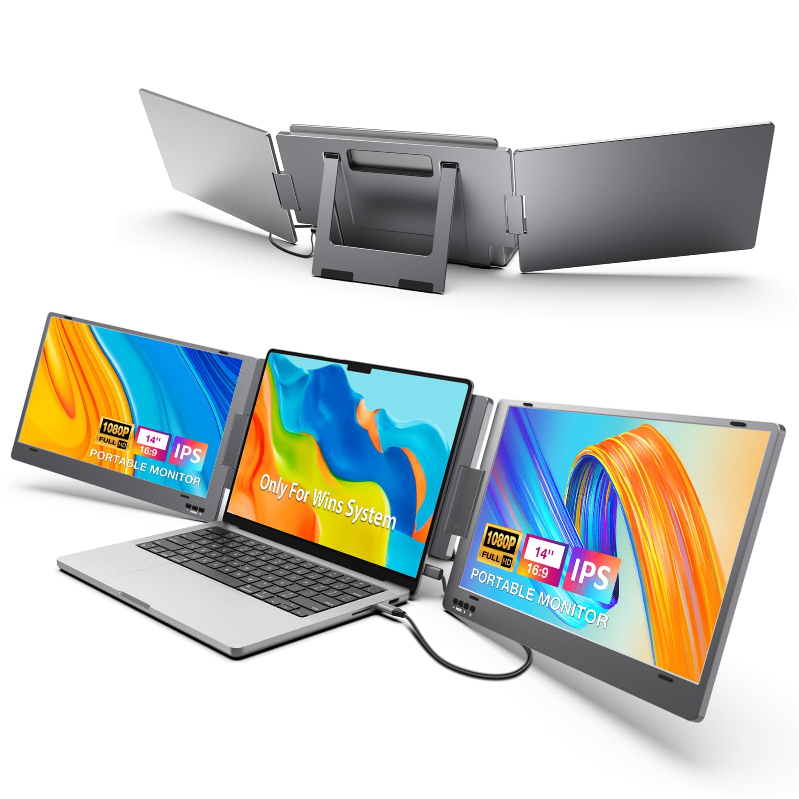 Kyy Triple Laptop Screen Extender, 14'' 1080P Fhd Ips Dual Portable Extended Monitor, Usb C Travel For 12 16'' Laptop, 210Rotati