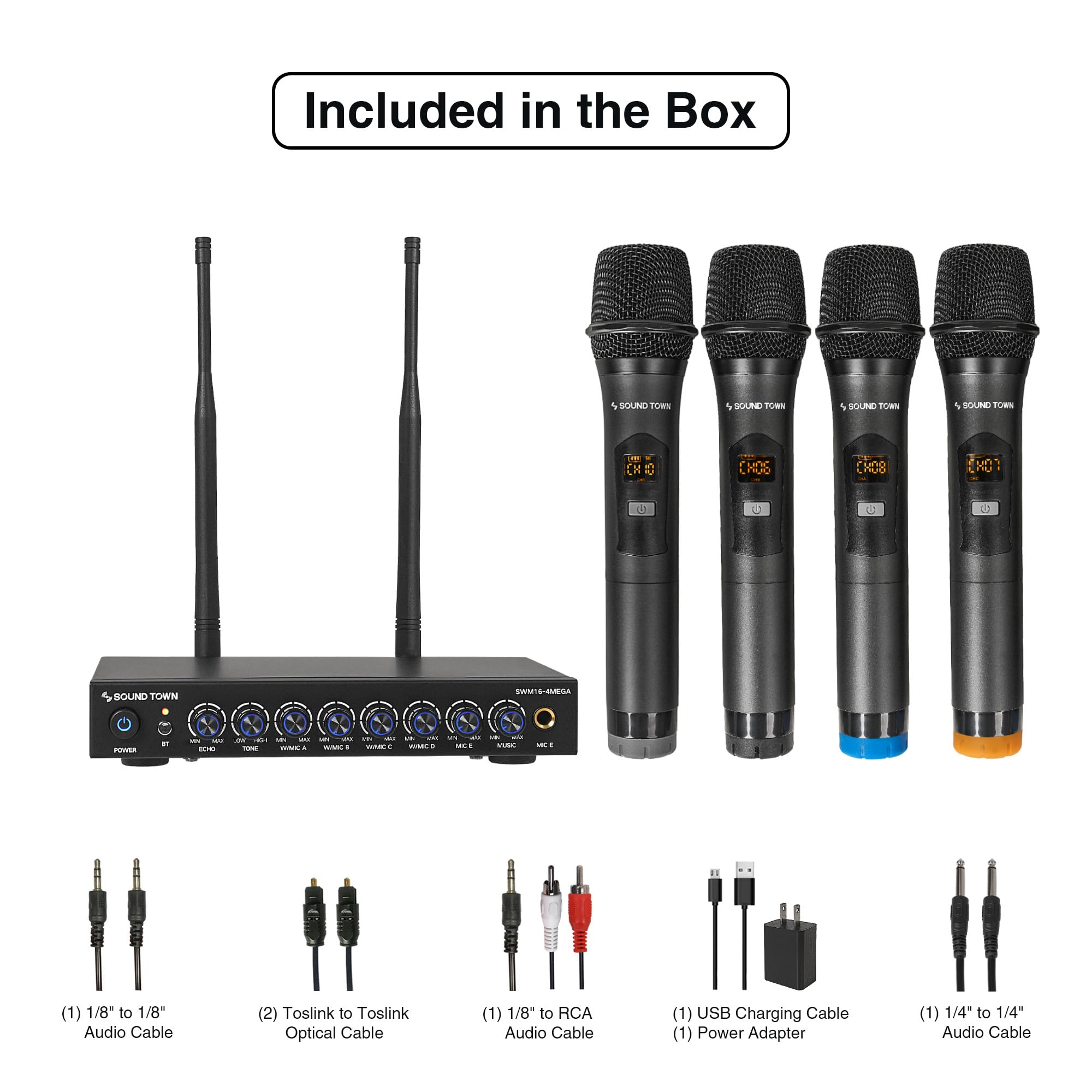 Sound Town 200 Channels Wireless Microphone Karaoke Mixer System, With 4 Metal Handheld Microphones, Optical (Toslink), Aux, For