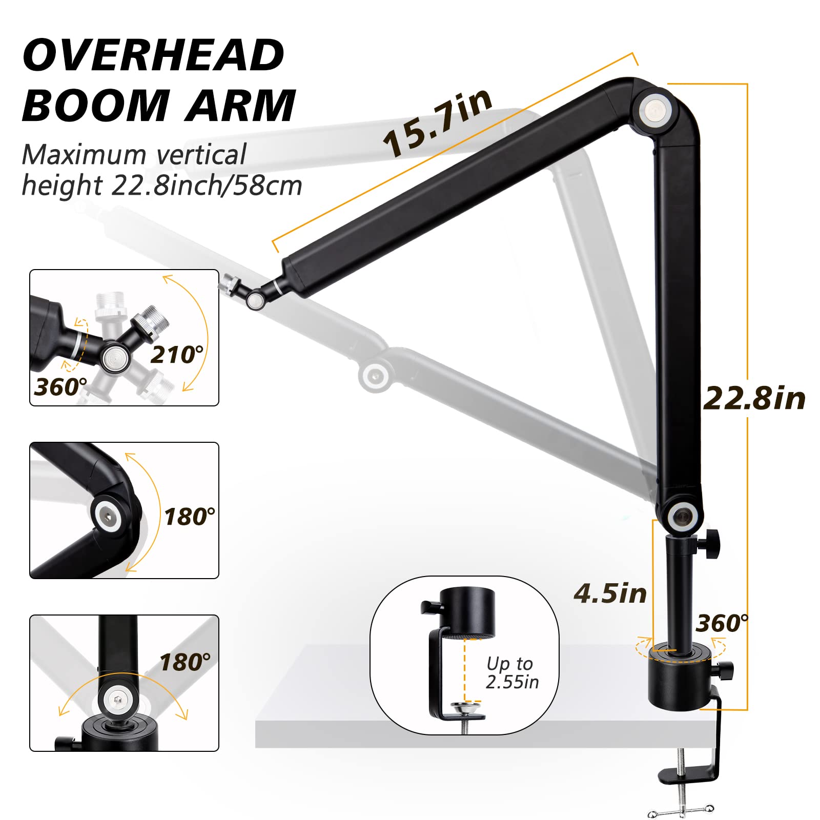 Blue Yeti Boom Arm With Extension Tube   Mic Boom Arm Compatible With Hyperx Quadcast, Weighted Metal Height Adjustment Mic Arm