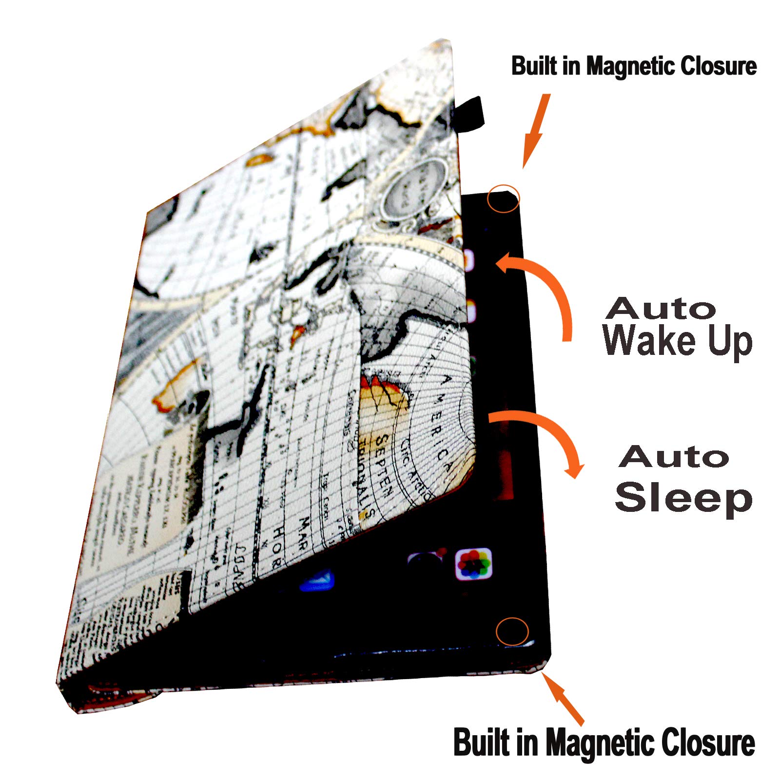 Jytrend Case For Ipad 9.7 (2018) 6Th/(2017) 5Th Generation, Ipad Air 1 (2013)/Air 2 (2014), 360 Rotating Multi Angle Viewing Stand Smart Cover With Pocket And Pen Holder, Auto Wake Up/Sleep (Map)