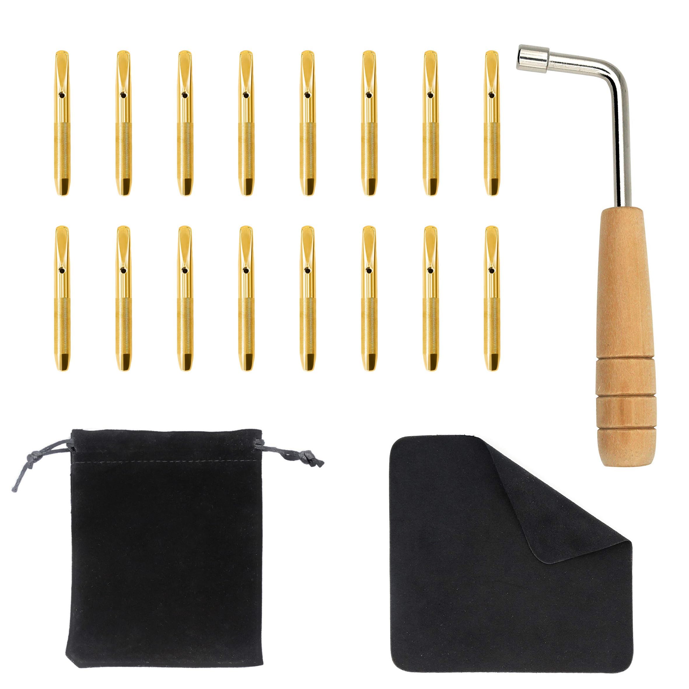 INKNOTE 16pcs Gold Tuning Pin with L-shape Wrench Gooseneck Hammer Lever and Dust-free Cloth Widely for Lyre Harp Zithers Harpsi