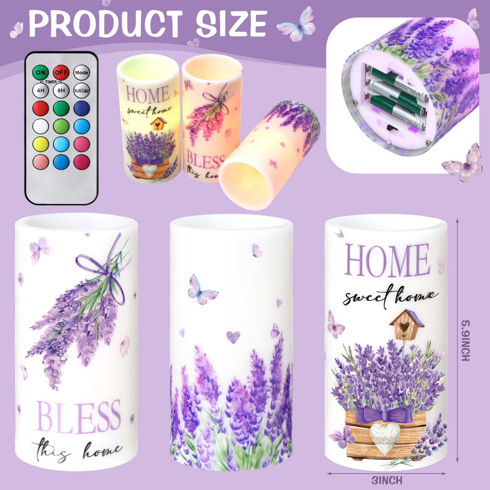 Threlaco 3 Pcs Purple Lavender Flameless Candles With Remote Color Changing Battery Operated Led Pillar Bless This Home Candles