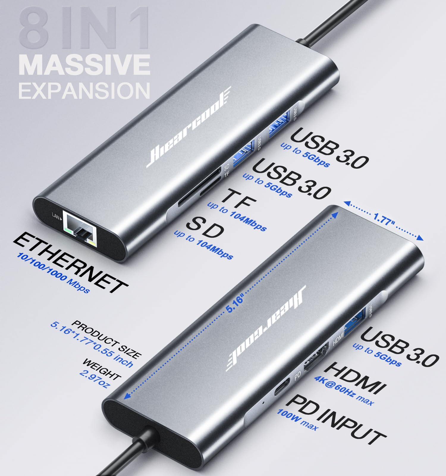 Hiearcool Usb C Hub Ethernet,4K@60 Usb C To Hdmi Hub,8In1 Multi Port Usb C Adapter Type C Dock Dongle Compatible For Macbook Pro