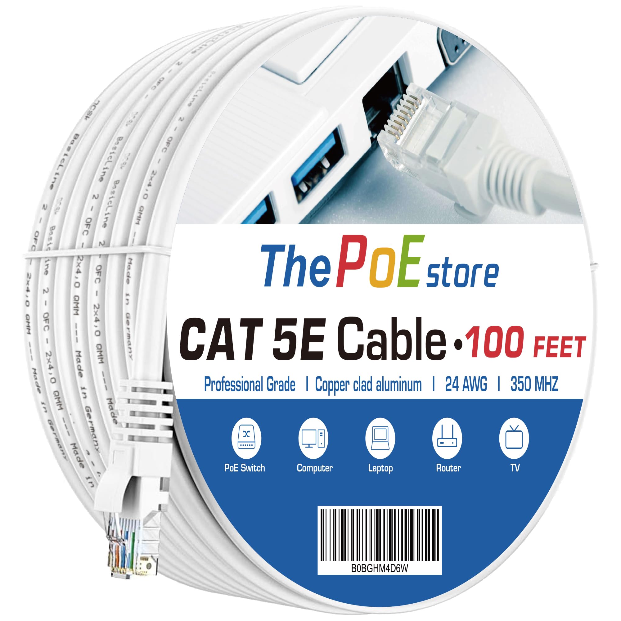 Thepoestore 100 Ft Cat 5 Ethernet Cable,Cat5E Internet Network Lan Cables,350Mhz Rj45 Gigabit White Snagless Patch Cord,For Pc, Server, Router, Modem, Tv, Ps5 Ethernet Device