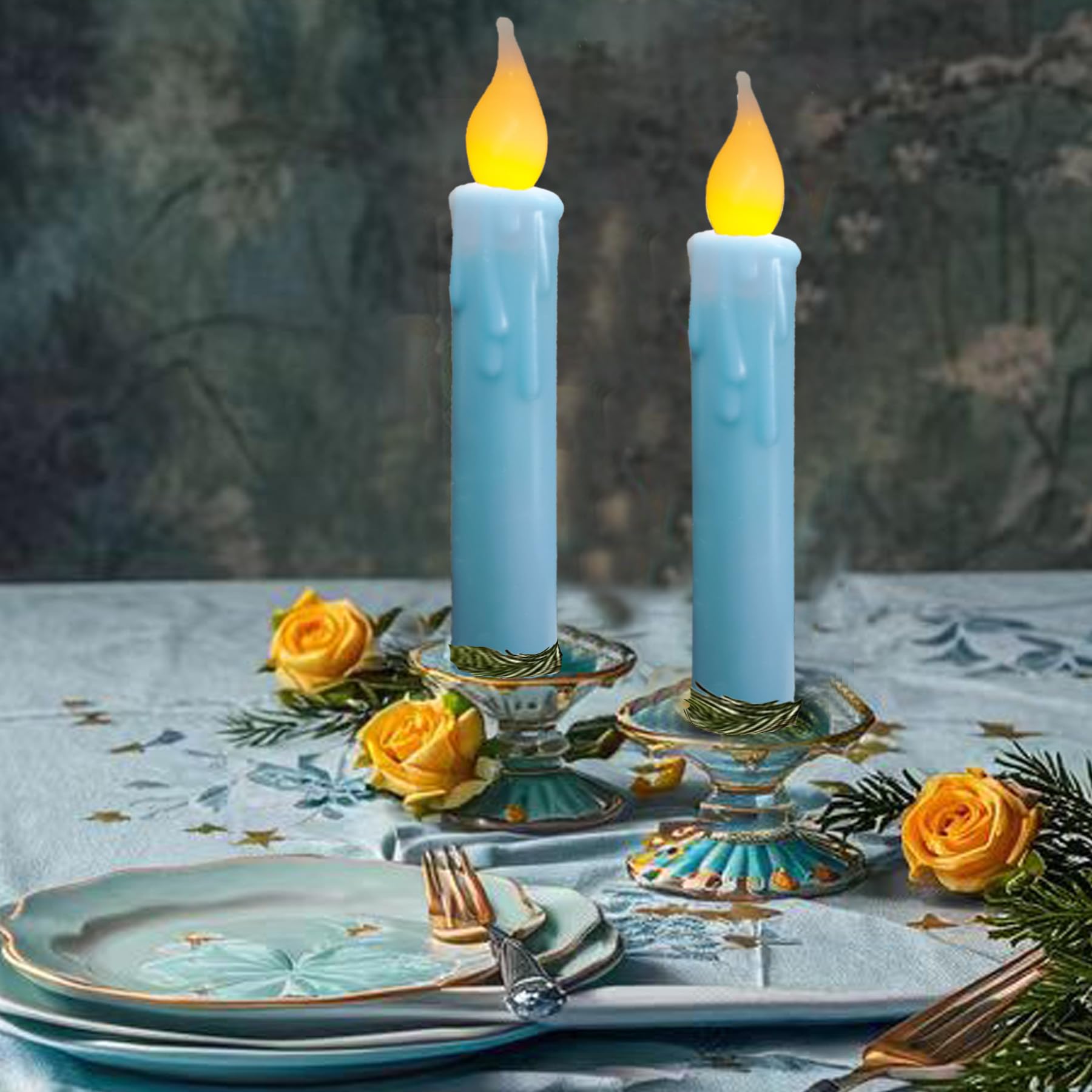 Lincountry.Primitive Wax Blue Battery Operated Taper Candles Flickering Flameless Taper Candles With Timer,Dripped Led Candles 6