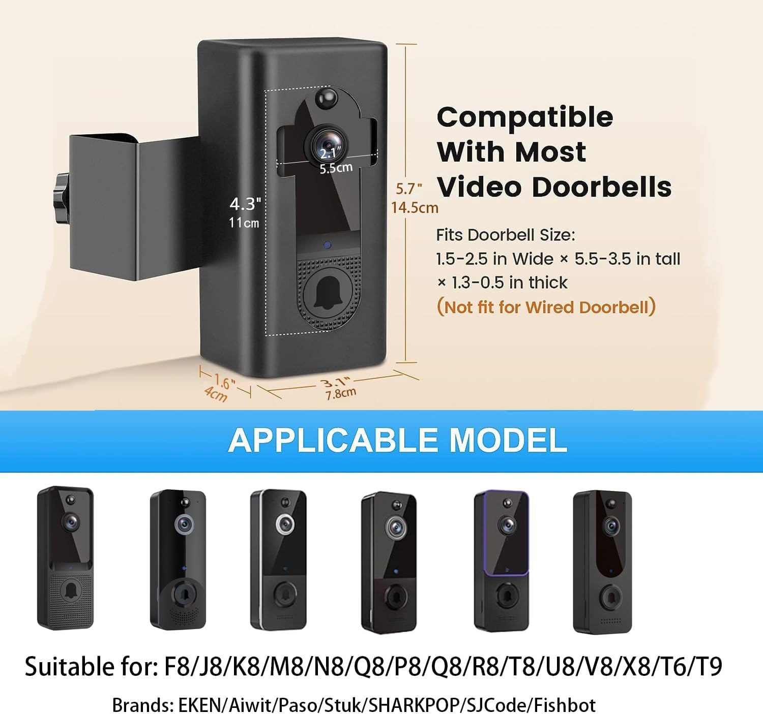 Doorbell Holder, No Drill Anti Theft Video Doorbell Mount Compatible With Eken/Aiwit/Paso/Tuck Doorbell, Adjustable Mounting Bra