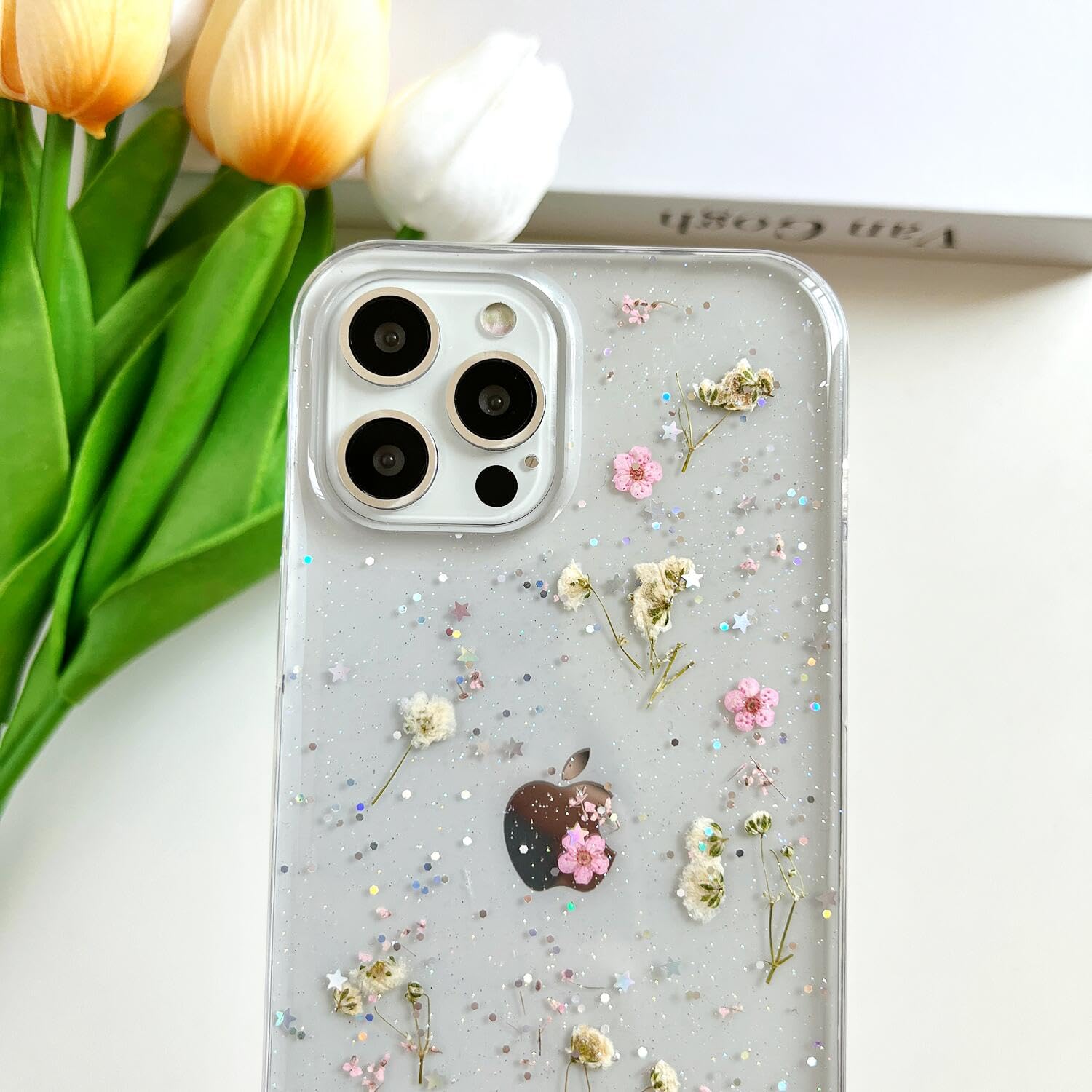 Lseeka For Iphone 12 Pro Max Clear Case With Pressed Real Flowers Design,Glitter Cute Pink Floral Pattern Slim Soft Tpu Protecti