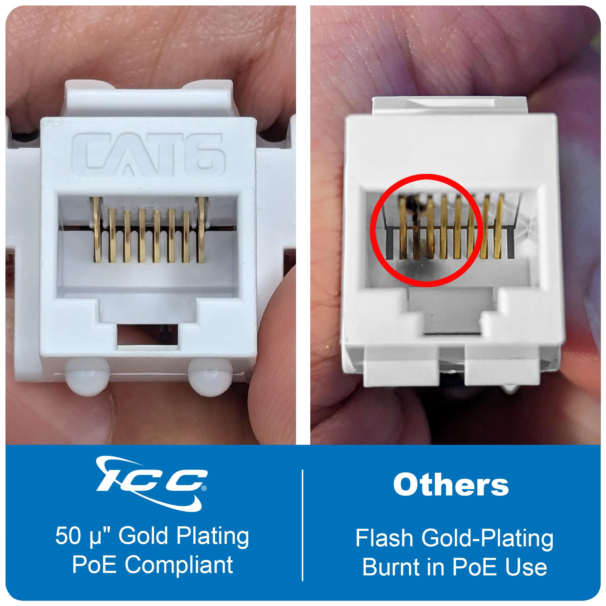 Icc Cat6 Keystone Jack With Inline Idc No Pair Split Wiring (Easier Termination) Ul Listed Poe++ Taa Compliant For Wall Plate Or