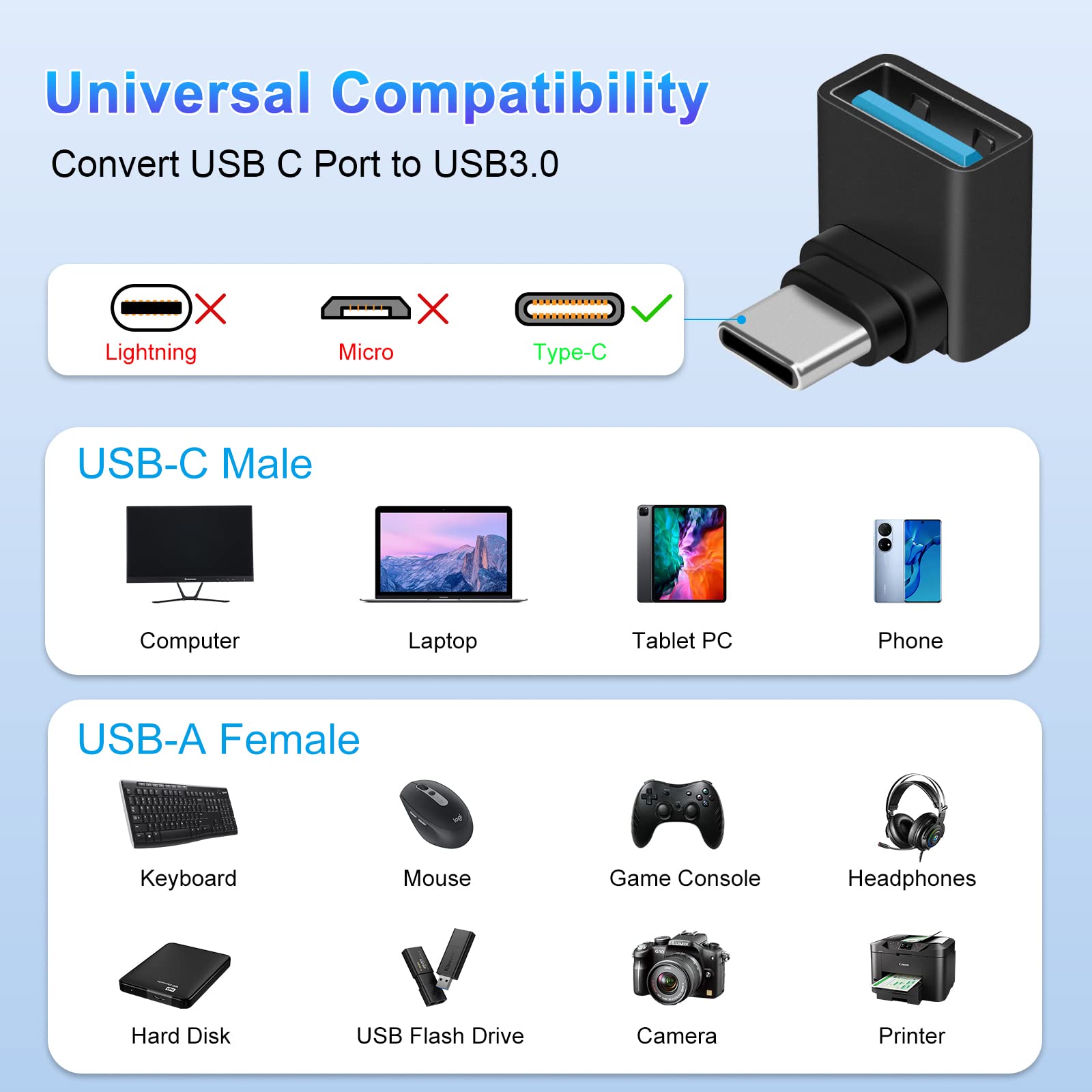 Usb C To Usb Adapter(2 Pack), 90 Degree Usb C Male To Usb 3.0 Female Adapter Otg Converter Compatible With Macbook Pro 2019/2018