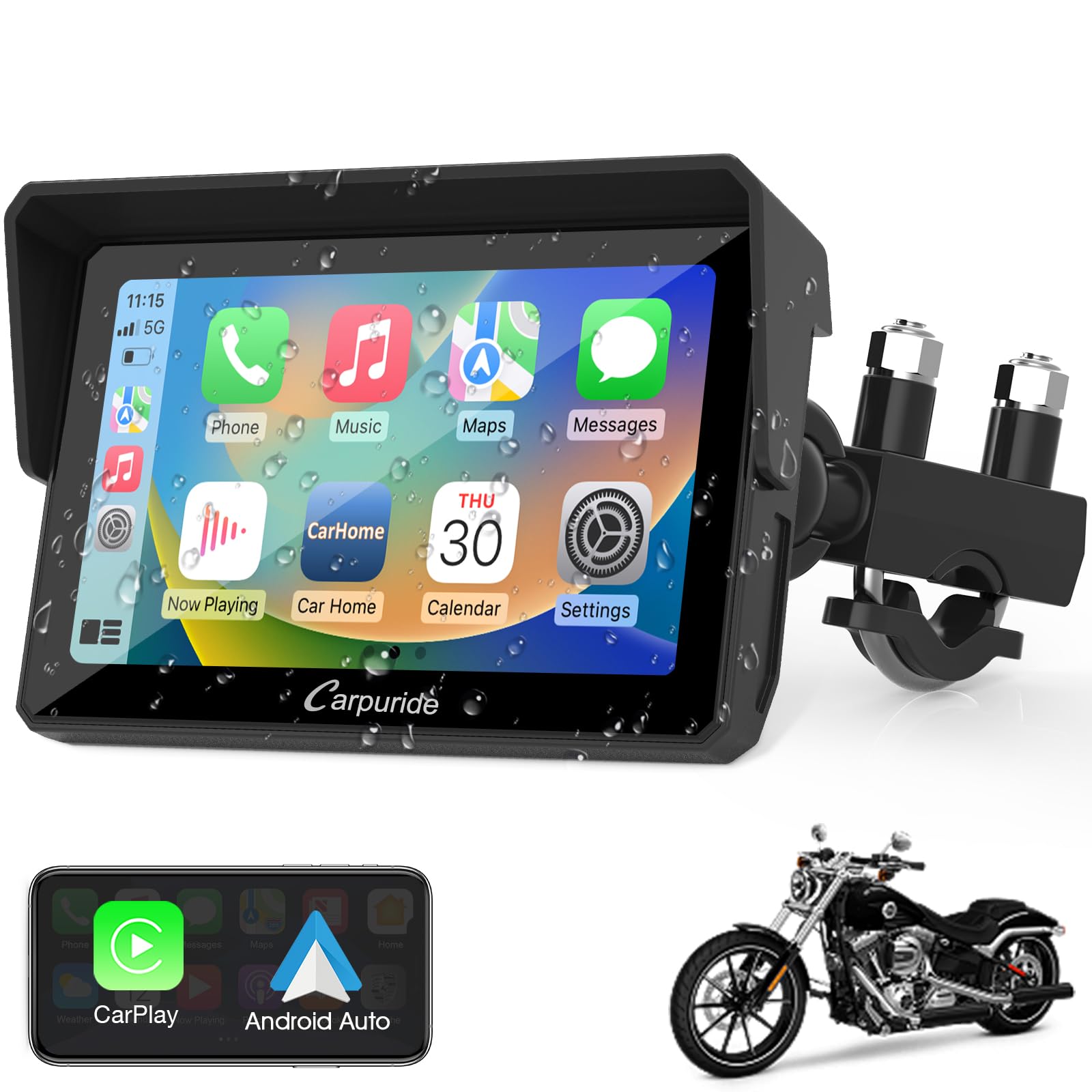 Carpuride W502 Motorcycle Gps Wireless Portable Carplay/Android Auto Waterproof Car Stereo, 5' Ips Touch Screen With Dual Bluetooth, Navigation/Siri/G00Gle Assistant For Motorbike