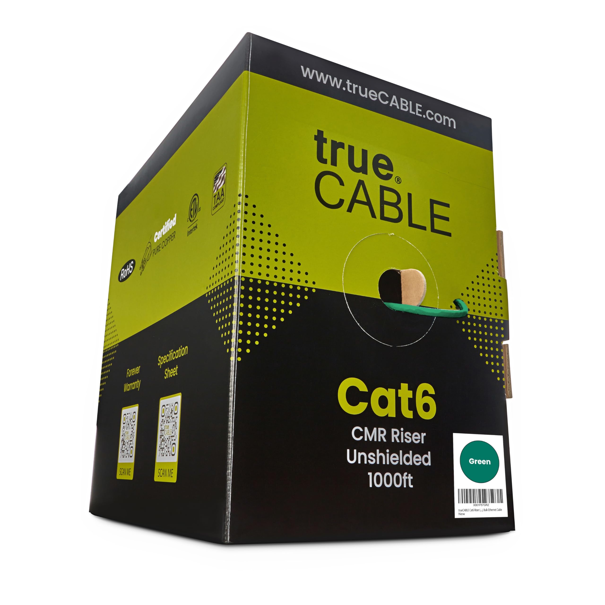 Truecable Cat6 Riser (Cmr), 1000Ft, Green, 23Awg 4 Pair Solid Bare Copper, 550Mhz, Poe++ (4Ppoe), Etl Listed, Unshielded Twisted Pair (Utp), Bulk Ethernet Cable