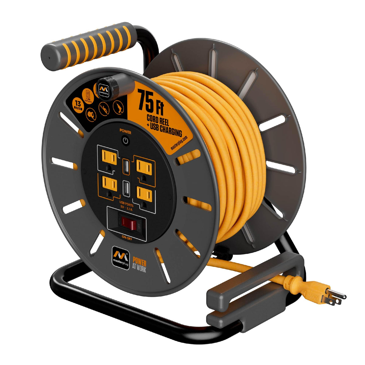 Masterplug 75Ft Cord Reel, Retractable Extension Lead With Winding Handle, Safety Overload Circuit Breaker And Power Switch, 4X