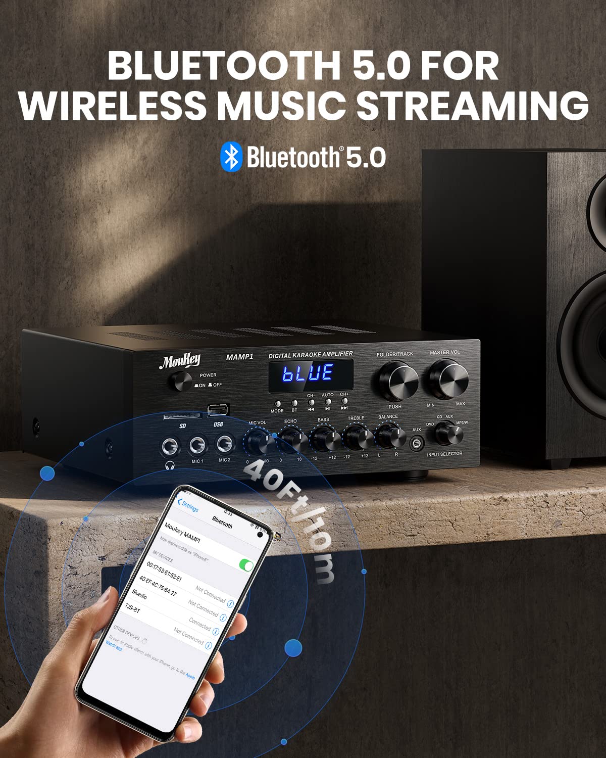 Moukey Stereo Receivers With Bluetooth 5.0, 400W 2.0 Channel Power Audio Amplifier Stereo System W/Usb, Sd, Aux, Rca, Mic In W/Echo, Led For Karaoke, Home Theater Speakers   Mamp1