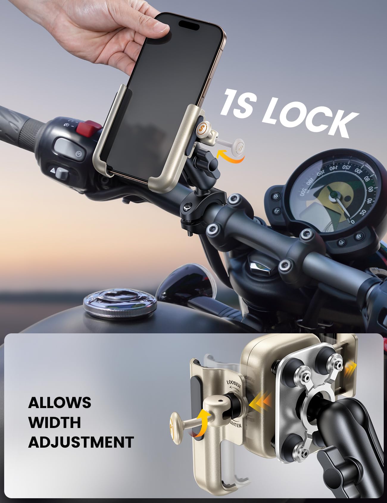 Lamicall Motorcycle Phone Mount Holder - [All Metal] [Anti Shake] [1S Lock] Bike Phone Holder Handlebar Clamp, Bicycle Cell Phon