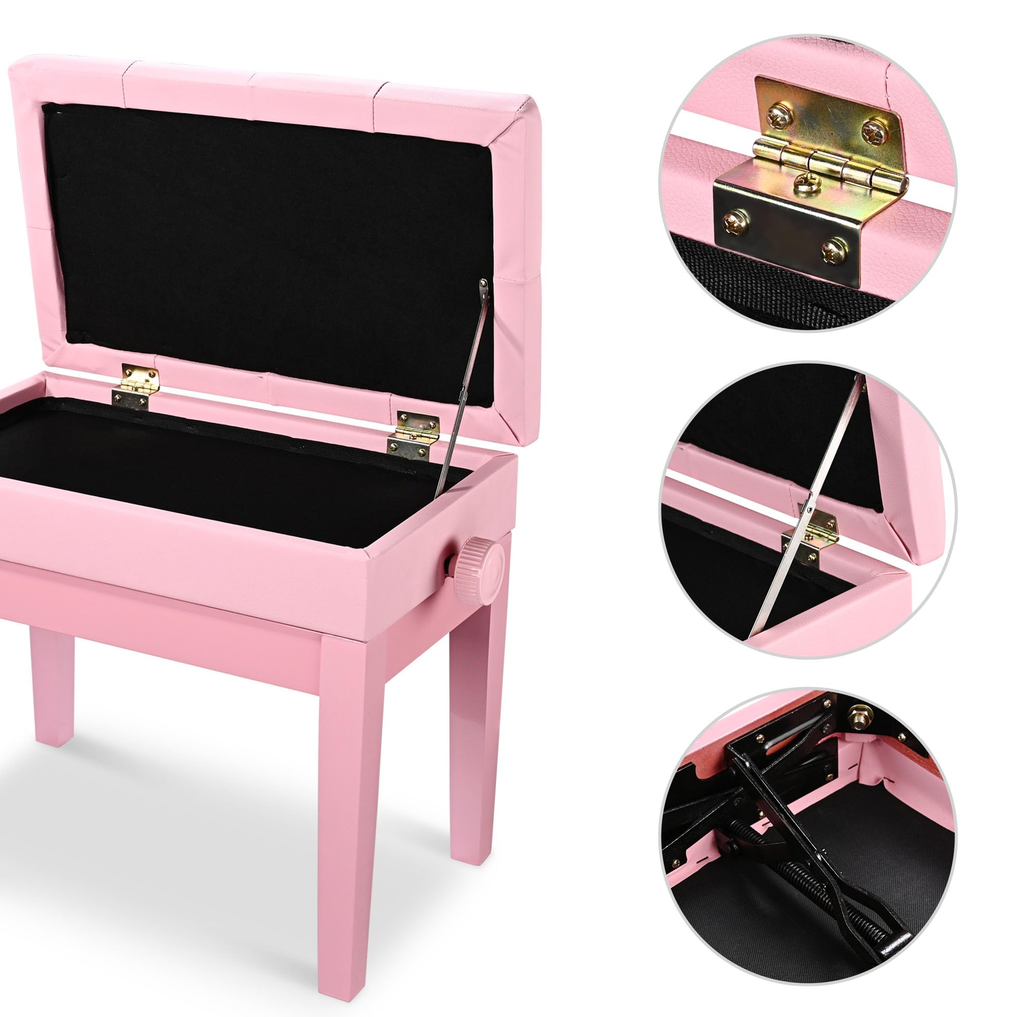 Aw Adjustable Height Piano Bench Pu Leather Padded Wooden Keyboard Stool Storage For Music Books Pink