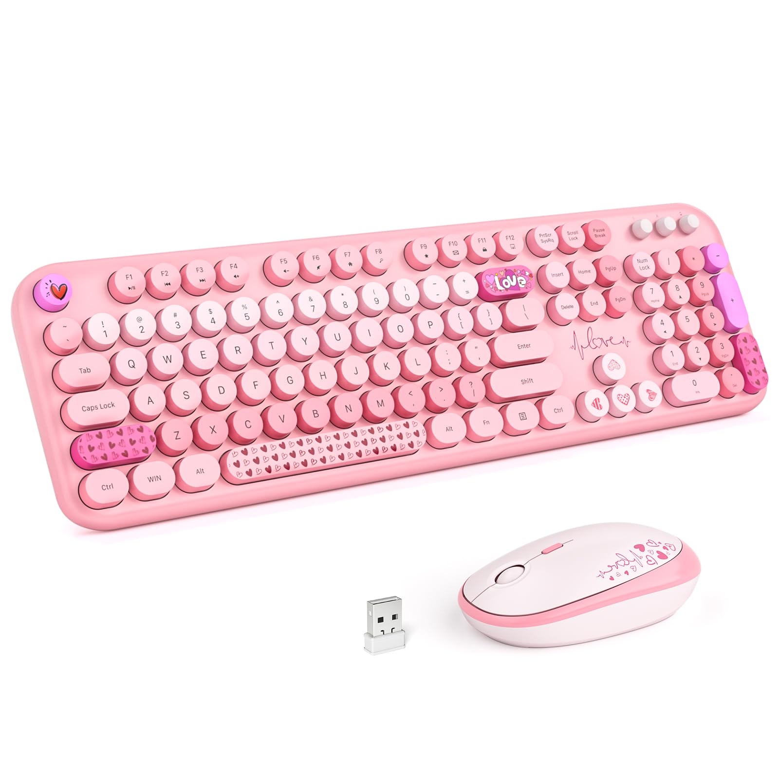 Wireless Keyboard and Mouse Combo, MOWUX Full Size Typewriter Retro Round Computer Keyboard, Cute Optical Mouse Wireless, Plug a
