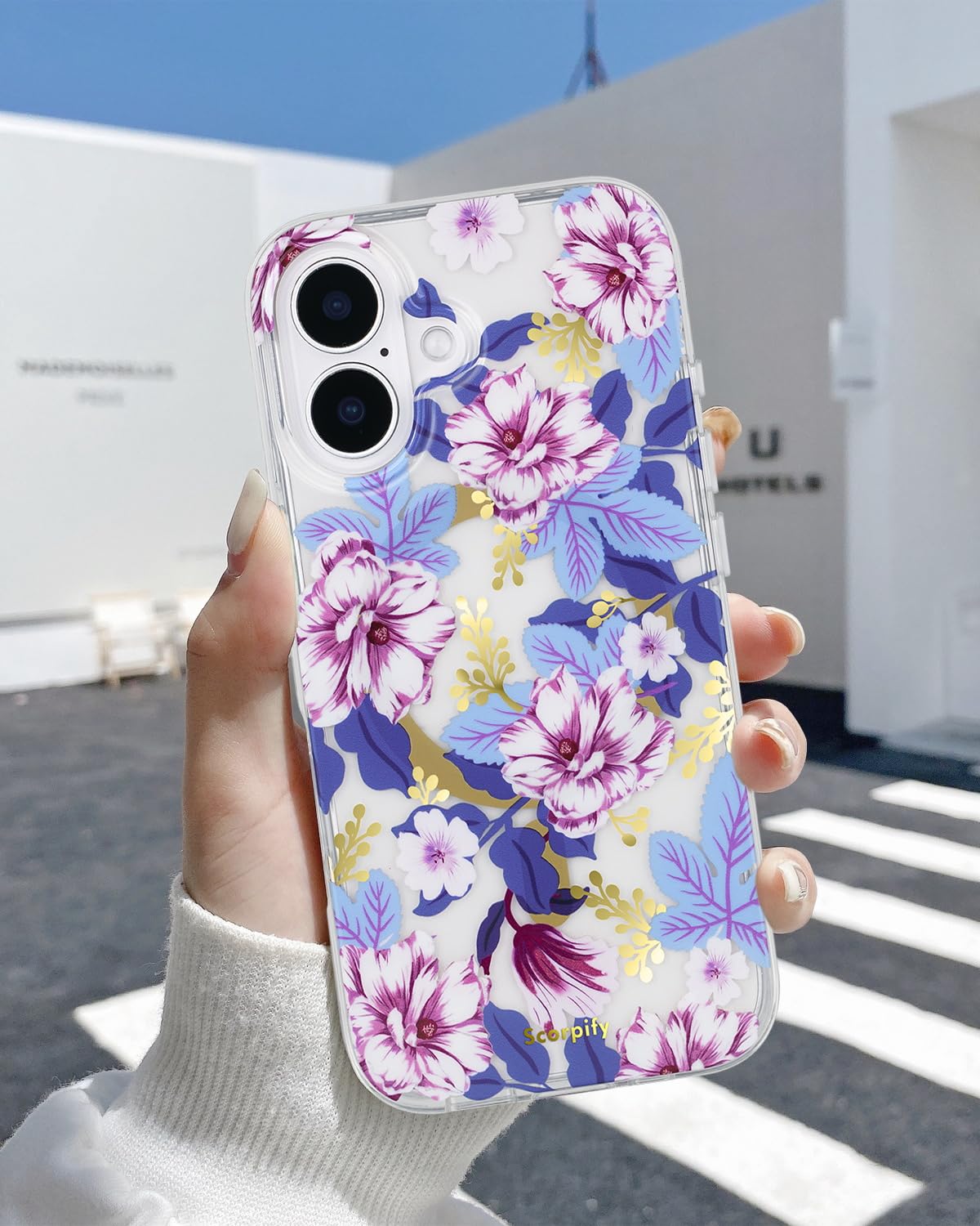 Scorpify For Iphone 16 Case [Compatible With Magsafe] With Purple Hibiscus Floral Design, Cute Clear Flower Magnetic Phone Cover