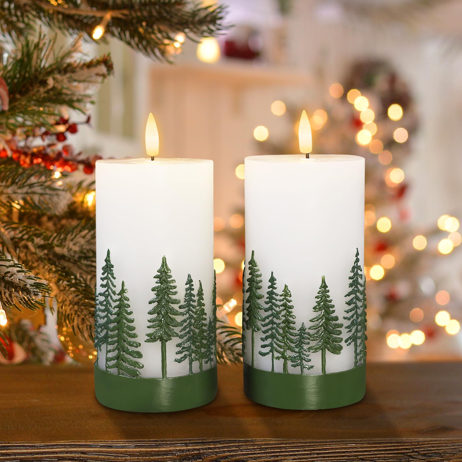 Crystal Club Christmas Tree Flameless Candles, Battery-Powered Led Pillar Candle With Remote, 3D Flickering & Real Wax Embossed