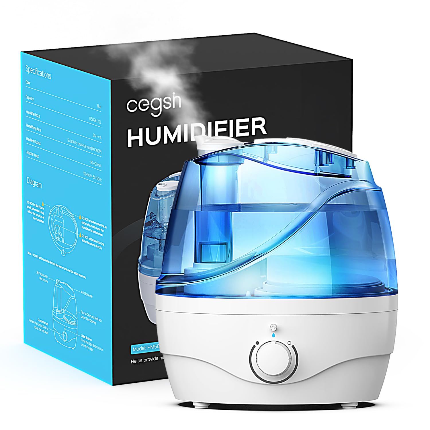 Cegsin Humidifiers For Bedroom (2.2L Water Tank), Cool Mist Humidifiers For Baby & Plant, Room Humidifier For Home & Nursery, Bp