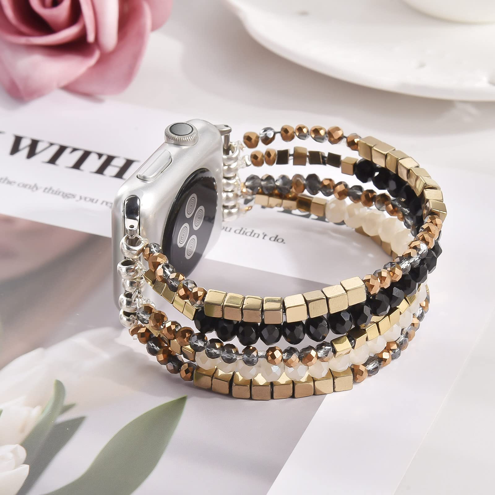Mofree Beaded Bracelet Compatible For Apple Watch Band 38Mm/40Mm/41Mm Women, Fashion Handmade Pearl Beads Elastic Stretch Strap