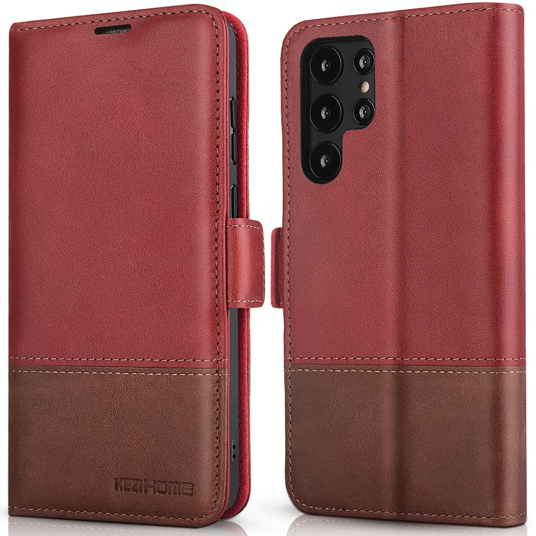 Kezihome Galaxy S22 Ultra Case, Genuine Leather [Rfid Blocking] Samsung S22 Ultra 5G Wallet Case Card Slot Flip Magnetic Stand P