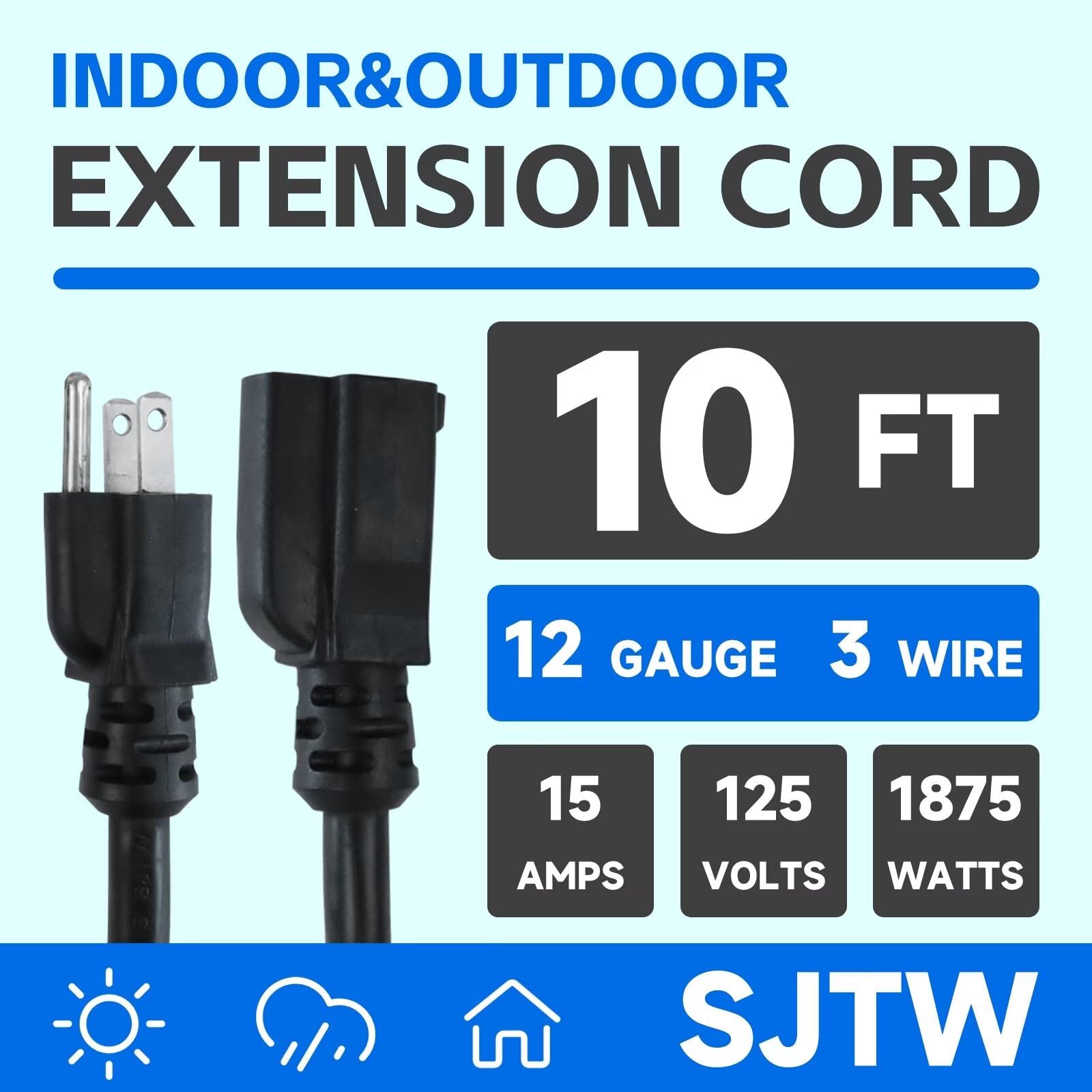 Ultra Explorer Black Outdoor Extension Cord 10 Ft, 12/3 Sjtw Heavy Duty Black Extension Cable With 3 Prong Grounded Plug   Power