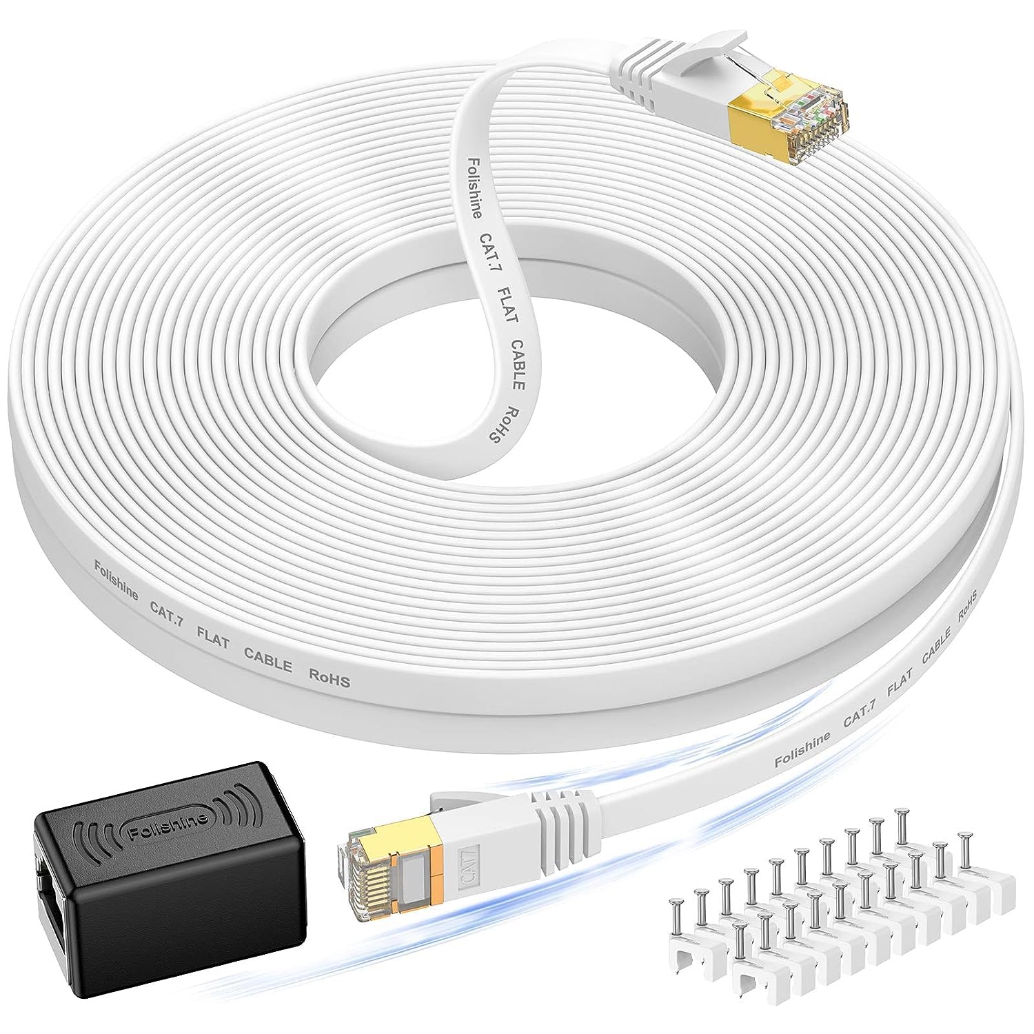 Cat 7 Ethernet Cable 50 Ft, High Speed Flat Internet Cable With Extension Coupler, Shielded Rj45 Network Cable For Ethernet Network Switch, Modem, Router, Printer Faster Than Cat6/Cat5E/Cat5 White