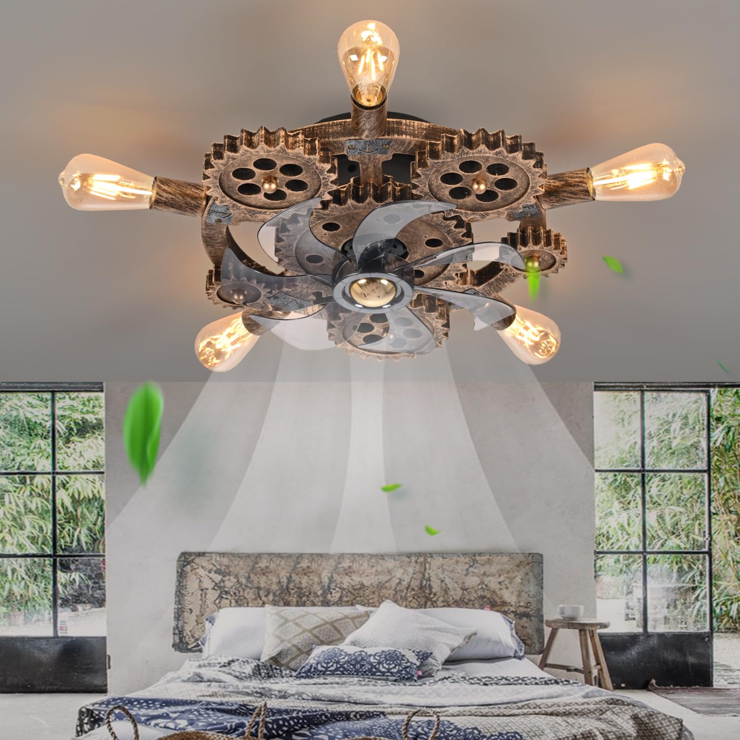 Hueoczw 20'' Retro Industrial Steampunk Ceiling Fans With Lights And Remote,Low Profile Flush Mount Bladeless Ceiling Fan With L