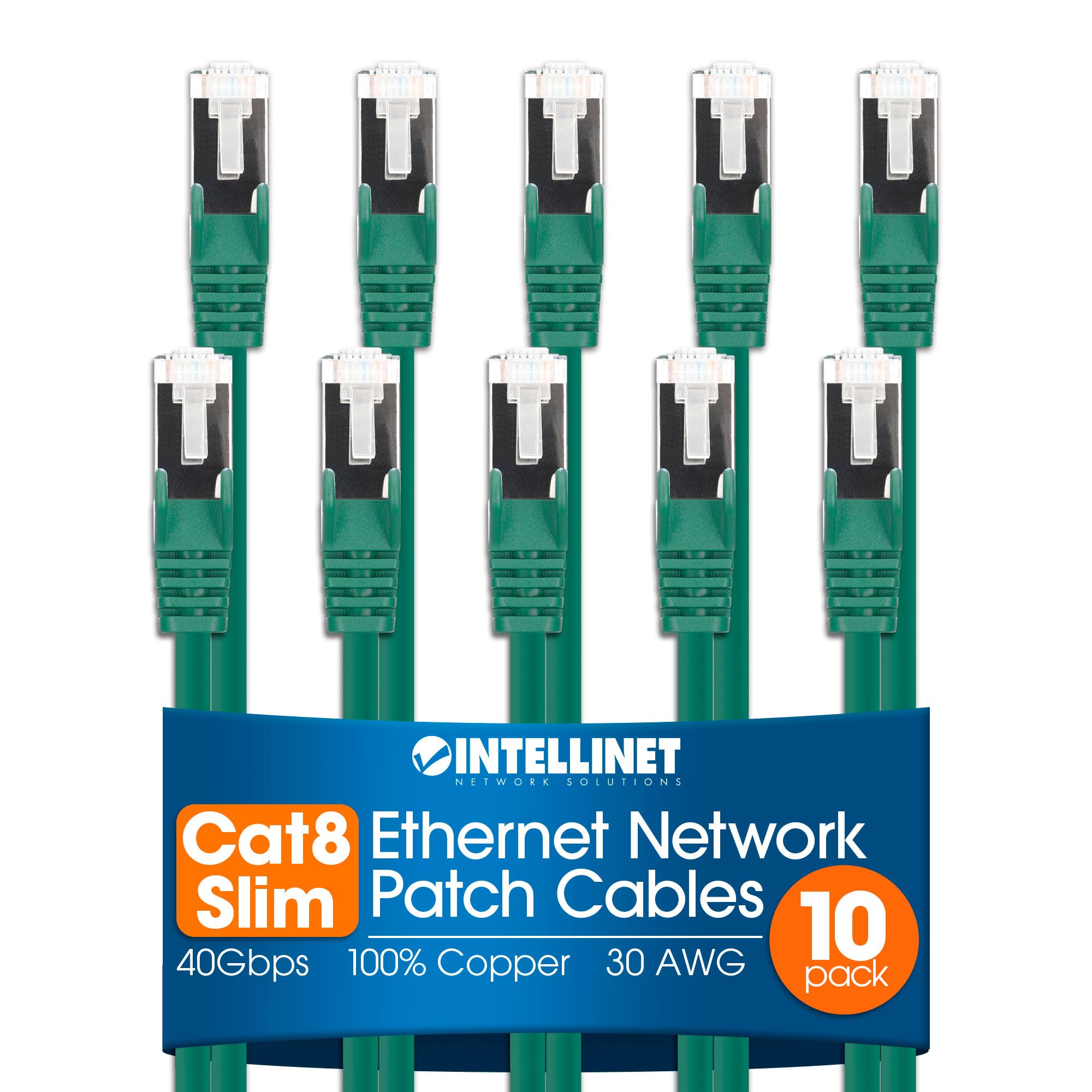 Cat8.1 U/Ftp Slim Network Patch Cable, 14 Ft., Green, 10-Pack