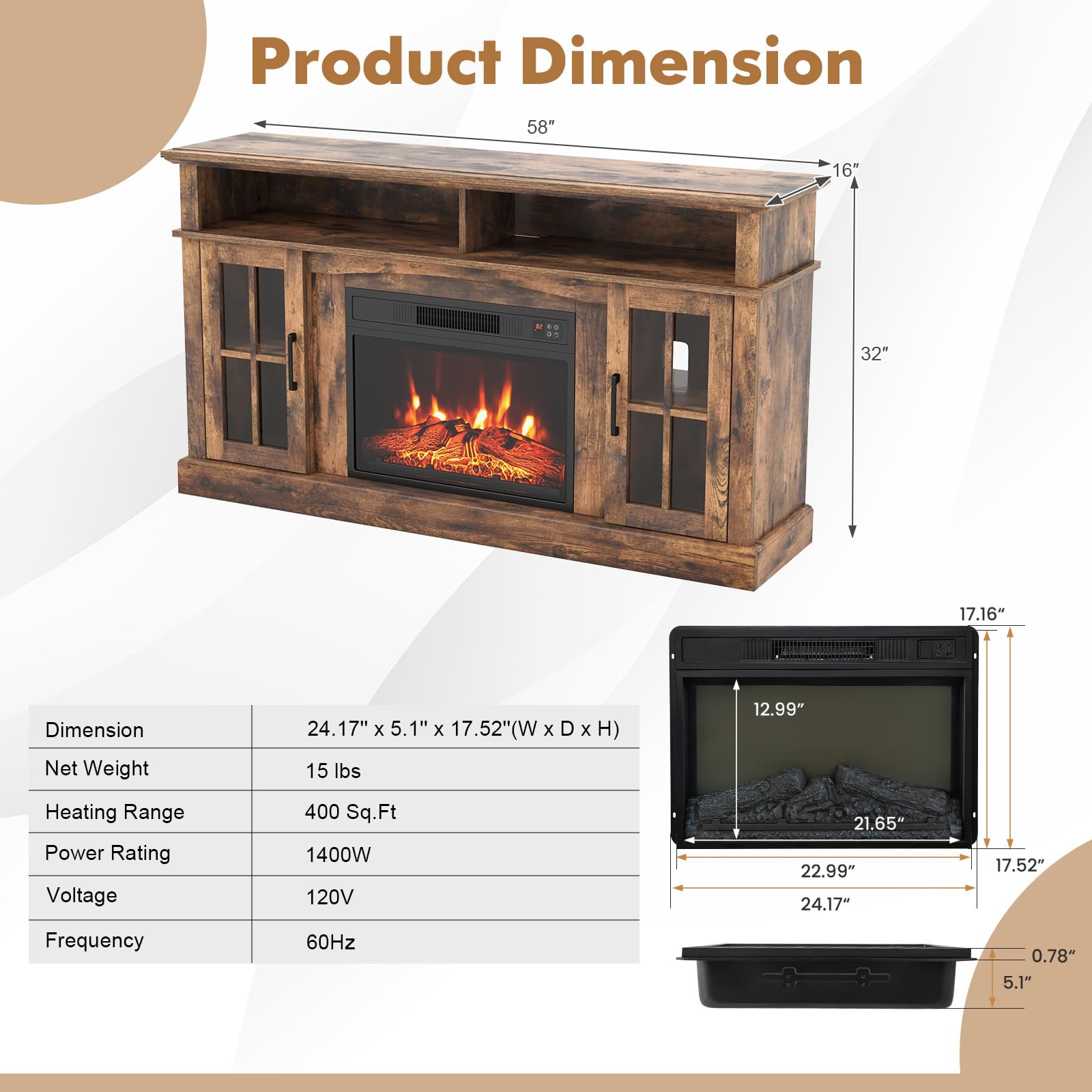 Costway Electric Fireplace Tv Stand For Tvs Up To 65 Inches, 1400W Heater Insert With Remote Control, 6H Timer, 3 Level Flame, Overheat Protection And Csa Certification, Adjustable Shelves, Brown
