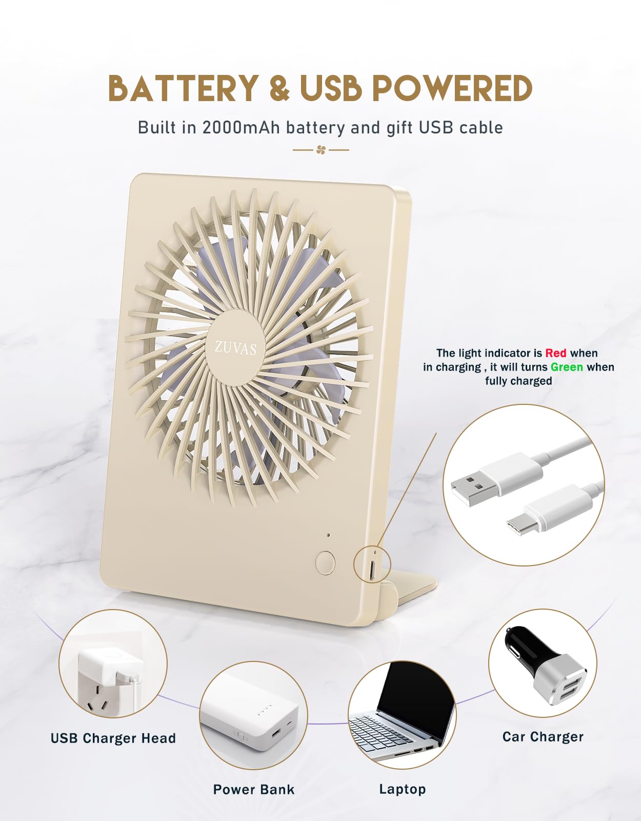 Zuvas Desk Fan Battery Operated Rechargeable 180Tilt Folding Personal Ultra Quiet Small Portable Fan Beige